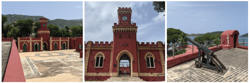 pictures of Fort Christian: 1 - view from roof, 2 - view of front facade (a reddish building with arched windows and a clocktower), 3 - cannon on top of roof overlooking bay