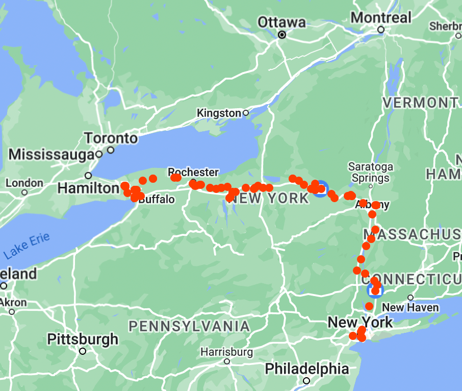 map of New York state with red dots showing stops along the way